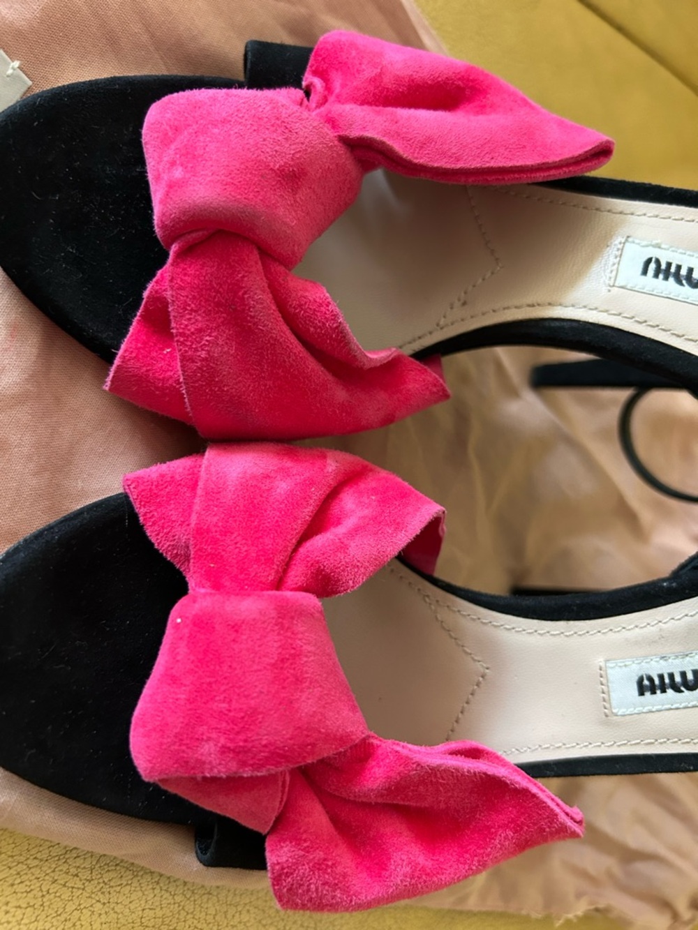 Miu Miu Black Suede Slingback Heels with Hot Pink Bow - Picture 3 of 7